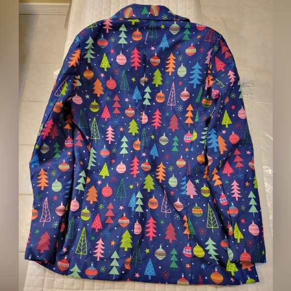 Holiday Time Light Up Womens S Blue Christmas Tree Ornaments Holiday Suit Blazer - Picture 3 of 8